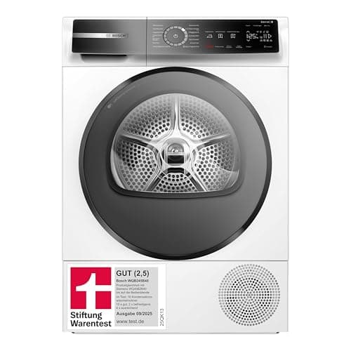 BOSCH Series 8 WQB245B40 Heat Pump Tumble Dryer, 9 kg Capacity, AutoDry, SmartDry, Home Connect, Anti Vibration Design, Sensitive Drying System, White, 60 cm