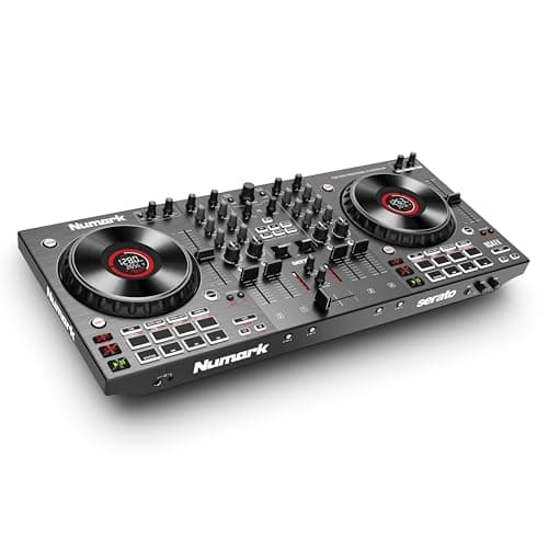 Numark NS4FX Controladora DJ de 4 Canales, Jog Wheels Táctiles Con Pantallas, Pads y Efectos, Salidas Cabina y Principal, y Serato DJ Lite Incluido