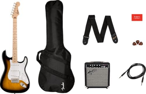 Squier by Fender Sonic Stratocaster Electric Guitar Pack, Maple Fingerboard in 2 Colour Sunburst, Gig Bag, Squier Frontman 10W Guitar Amp, Picks, Strap, Cable, Comes with Free Virtual Lessons
