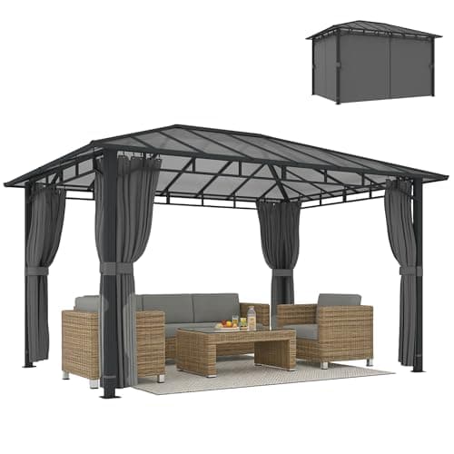 Outsunny 3 x 4 m Outdoor Hardtop Gazebo Canopy with Polycarbonate Roof, Waterproof Aluminium Permanent Pavilion Garden Gazebo Patio Shelter with Curtains, Dark Grey