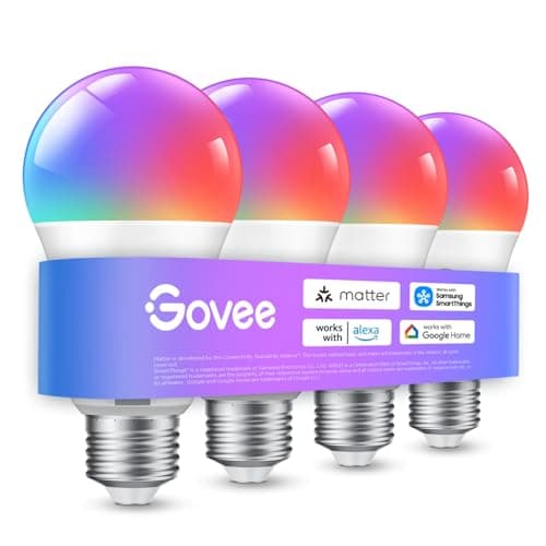 Govee Lampadina LED E27 Intelligenti WiFi e Bluetooth, Compatibile con SmartThings, Matter, Alexa e Google Assistant, 800lm, 16 Milioni di Colori RGBWW fai da te, Lampadina Smart, Set di 4