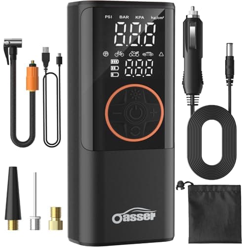 Oasser Compresor Aire Portatil 6000mAh 150PSI Inflador Ruedas Coche Pequeño Pantalla LCD Doble Visualización Cable Encendedor 3M Parada Automática Bolsa Almacenamiento para Coche Moto Bicicleta Bola