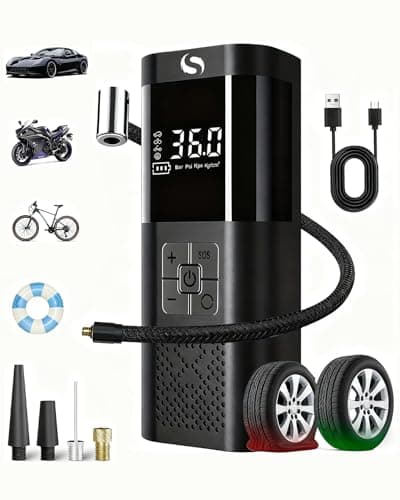 SERVOMASTER Compressore Aria Portatile, Gonfiatore Elettrico Portatile 150PSI, Compressore Auto con Funzione di Arresto Automatico, Display Digitale e Luce LED, per Auto, Moto, Biciclette, Palloni