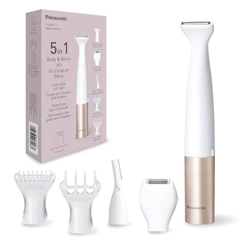 Panasonic ES-WM31 5 in 1 Kit Corpo e Bikini, Epilatore Donna, Rasoio Donna, Rasoio Bikini, 5 Accessori, Impermeabile IPX7, Wet & Dry, Alimentazione a Batteria (Necessaria 1 AA), Oro Bianco
