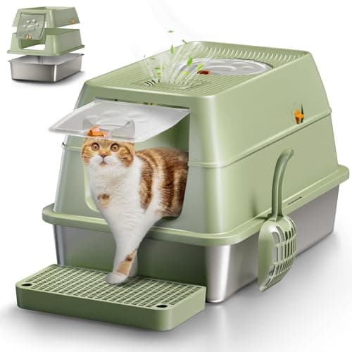 Lettiera per Gatti in Acciaio Inox, Lettiera Gatto Chiusa XXL, 60 x 40 x 39 cm Toilette per Gatti Grande XL con Pala, Cassette igieniche per gatto, Doppio Strato Opaco - Verde