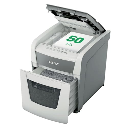 Leitz IQ Destructora de Papel Automática para Oficina Pequeña, Seguridad P4, 50 Hojas, Corte Transversal, Papelera, Depósito de 20L de Capacidad, Blanca, 80350000