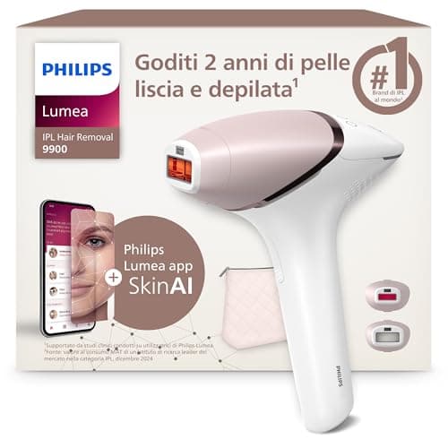 Philips Lumea Serie 9900, dispositivo di depilazione IPL, alternativa alla depilazione laser, tecnologia SenseIQ e SkinAI, 2 accessori per corpo e viso, BRI950/02