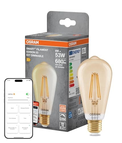OSRAM Lampada LED SMART+, E53, 6W, 2400K, E27, Edison, Filamento, Oro, dimmerabile, controllabile tramite app o assistente vocale, compatibile con Matter
