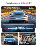 Jzones 3 Canale 4K Dashcam, Registrazione Video 4K+1080P+1080P, Dashcam Auto Anteriore, Posteriore e Interna con Visione Notturna STARVIS 2 e HDR, Parcheggio Sorvegliato 24H, Sensore G, WiFi 6 e GPS - 2