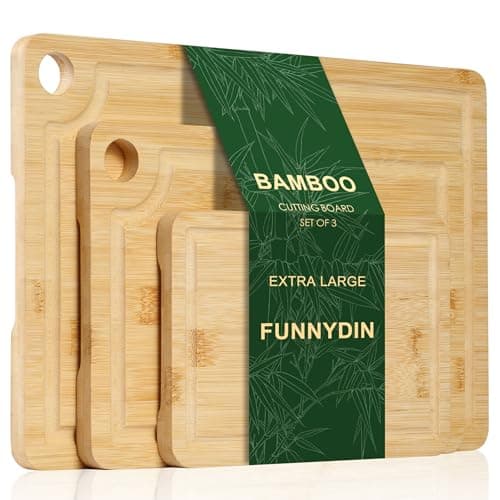 Funnydin Bambú Tabla de Cortar Juego de 3, Diferentes Tamaños,Tablas de Cortar de Madera y Bandeja para Servir, Tablas de Cortar de Madera Gruesa para Cocina, Aptas para Lavavajillas