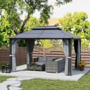 Outsunny 3 x 4m Hardtop Gazebo Canopy with UPF30+ Double Polycarbonate Roof, Aluminium Frame Garden Gazebo Permanent Pavilion with Mosquito Netting and Curtains for Patio, Deck, Grey - 8