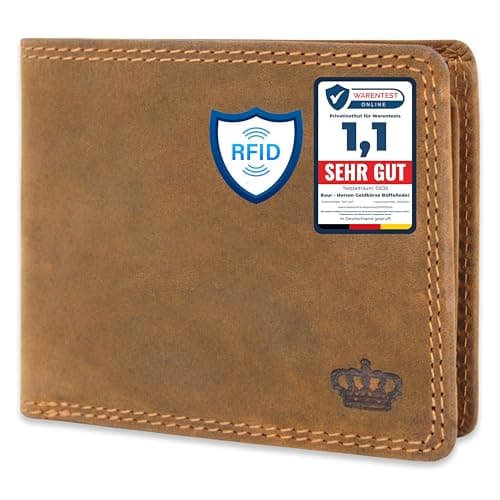 Baur - Portafoglio Orizzontale da Uomo in Vera Pelle di Bufalo con Protezione RFID | Scomparti per Carte e Portamonete | Marrone