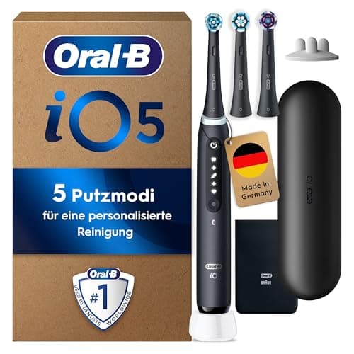 Oral-B iO Series 5 Plus Edition Elektrische Zahnbürste — Electric Toothbrush, Inkl. 3 Aufsteckbürsten, 5 Putzmodi für Zahnpflege, Reise-Etui — Zahnbürste Elektrisch, Designed by Braun, Schwarz