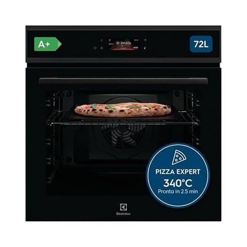 Electrolux COX8P08WH, Forno da Incasso Multifunzione Pirolitico, Autopulente, 72 L, PizzaExpert 340°C, Funzione Pizza in 2,5 Minuti, Vapore, Display Touch, Teglia in Ghisa e Pala Incluse, Wi-Fi, Nero