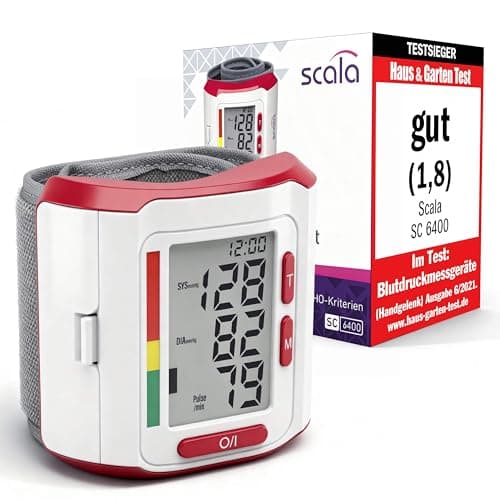 scala SC 6400 rot Handgelenk Blutdruckmessgerät – Präziser Blutdruckmesser mit WHO-Indikator & 85 Speicherplätzen – Fuzzy Logic Technologie – Inkl. Box & Batterien – Manschette 13,5-19,5 cm