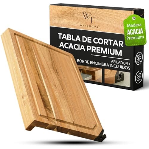 Tabla de Cortar de Madera de Acacia con Afilador Integrado – Tabla de Cocina 35x25 cm con Ranura para Jugos y Borde para Encimera – Antideslizante, Resistente y Fácil de Limpiar