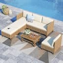 PHI VILLA Rattan Gartenmöbel Set Balkonmöbel 6 Personen, Lounge Möbel Outdoor Gartenlounge Gartensofa mit 1 Chaise Longue, 1 Zweisitzer-Sofa, 1 Ottomane, 1 Einzelsofa und 1 Couchtisch, Beige - 1