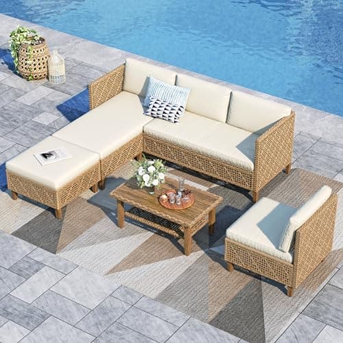 PHI VILLA Rattan Gartenmöbel Set Balkonmöbel 6 Personen, Lounge Möbel Outdoor Gartenlounge Gartensofa mit 1 Chaise Longue, 1 Zweisitzer-Sofa, 1 Ottomane, 1 Einzelsofa und 1 Couchtisch, Beige