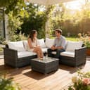 Panana 5 Seater Rattan Garden Furniture Corner Sofa Set with Coffee Table, Outdoor Patio Lounge Set with Cushions & Free Cover for Garden, Conservatory, Terrace (Mixed Grey Rattan with Beige Cushions) - 2