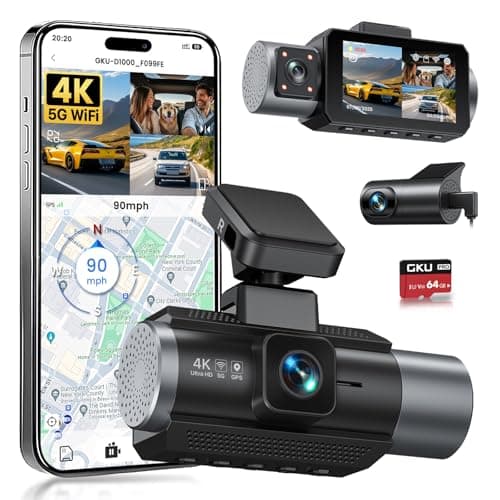 GKU Dashcam per auto anteriore posteriore, 3 canali 4K + 1080P+1080P WiFi con scheda SD da 64 GB, GPS 5 GHz WiFi, schermo IPS da 3", super visione notturna, WDR, sensore G, registrazione loop