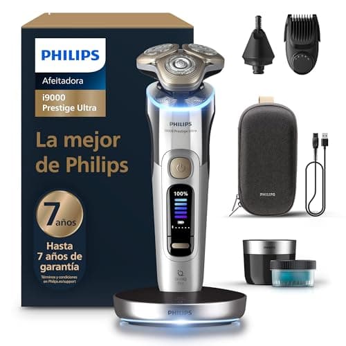 Philips i9000 Prestige Ultra, Afeitadora Eléctrica Hombre, Máquina de Afeitar Barba Seco y Húmedo, SkinIQ Pro, Base de Carga, Recargable, Estuche, Centro de limpieza, Recortador, Naricero, XP9404/38