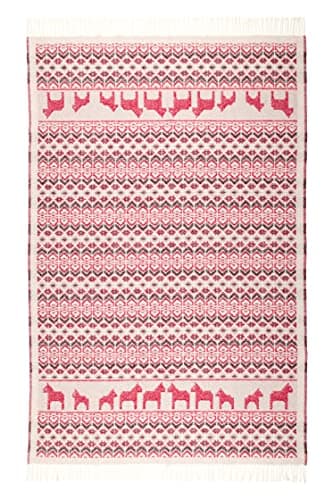 ÖJBRO VANTFABRIK Dalarna Wool Blanket with Fringes 130 x 220 cm Red / Beige / Black 100% Merino Wool Knitted Plaid Bedspread Quilt Warm Soft - Made in Sweden