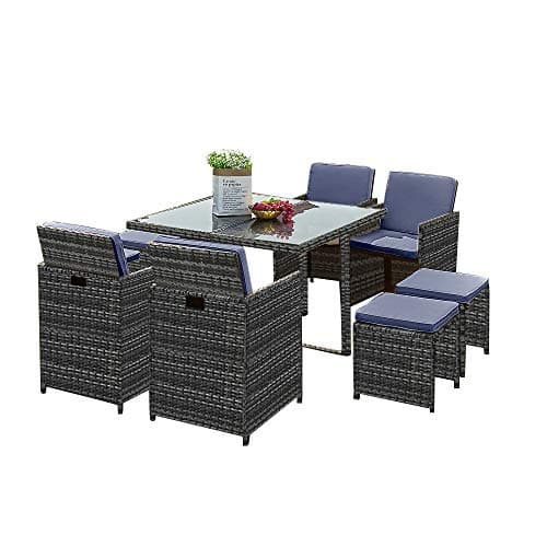 Panana 8 Seater Rattan Garden Dining Set with Table, 4 Chairs & 4 Stools, Cube Space Saving Outdoor Furniture for Patio, Conservator, Garden