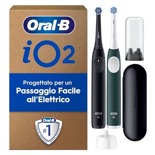 Oral-B iO 2 DUO Spazzolino Elettrico Oral B, Nero e Verde, 2 Testine Di Ricambio e Spazzolini, Custodia Da Viaggio, Porta Ricarica Da Viaggio. Delicato sulle Gengive, Sensore di Pressione