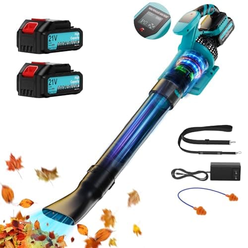 Olubfdh 21V Soffiatore a Batteria 255Km/h 1070m³/h, Max 38000RPM, 3 Velocità con 2 batterie 4000 mAh e caricabatterie Display LCD per Foglie Giardino, Trucioli Legno, Pulizia del Cortil (Blu)