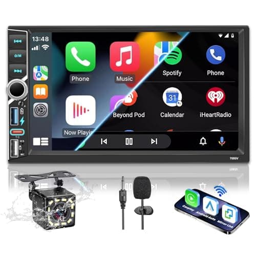 Radio estéreo para Coche 2 DIN con Bluetooth, CarPlay inalámbrico y Android Auto, Pantalla táctil HD de 7 Pulgadas, Radio FM RDS, Tipo C, Carga rápida, micrófono y cámara de visión Trasera