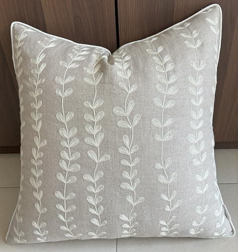VAGMINE Funda de almohada cuadrada de lino bordada a mano para dormitorio principal, nuevo hogar, aniversario, granja, sofá, hojas flotantes, natural, 18 x 18 pulgadas