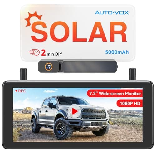 AUTO-VOX Telecamera di retromarcia wireless a energia solare da 7,25" con registrazione in loop DVR: HD 1080P, installazione rapida in 2 minuti, kit telecamera inversa con schermo diviso per auto