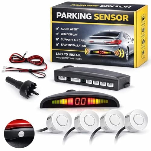 CAR PASSION Kit Sensori di Parcheggio Auto Universali - Sistema Assistenza Retromarcia con Ultrasuoni, Display LCD e Avviso Acustico - Facile Installazione (Bianco)