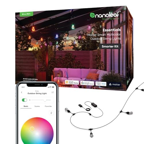 Nanoleaf Essentials Matter, LED Lichterkette Außen 30M Starter Kit (RGBICW) - Smarte und Mehrfarbige mit 16 Mio. Farben, IP65 Wasserdicht, 40 Dimmbaren Glühbirnen, WLAN, Bluetooth und Matter-fähig