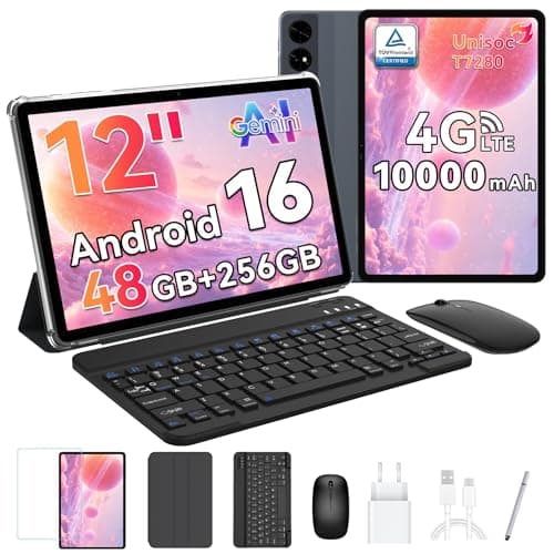 BESTTAB Android 16 Tablet con Teclado y Lapiz, Tableta 12 Pulgadas, 120 Hz, 2,5 K, FHD, 48GB RAM+256GB ROM (2TB TF), T7280 Octa-Core, 10000mAh, Widevine L1, Tablet con SIM 4G LTE/ 5G WiFi, 16MP+8MP