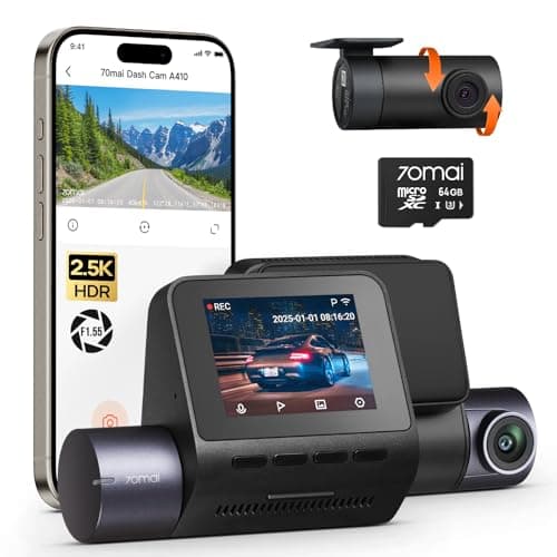 70mai Dash Cam Front and Rear A410, 2.5K+1080P Dual Dash Camera with HDR, Super Night Vision, F1.55 Aperture, 24H Parking Mode, Built-in Wi-Fi & GPS, G-Sensor, Loop Recording, 64GB Card Included