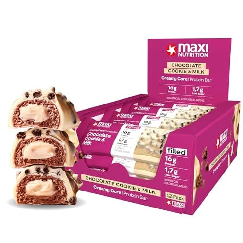 MaxiNutrition Creamy Core Bar Chocolate Cookie & Milk, 12x45g Filled-Protein-Riegel, 36% Eiweißgehalt 16g je Riegel, low Sugar (3,7g), ohne Zuckerzusatz, ohne künstliche Aromen