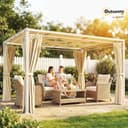 Outsunny Pérgola de Jardín 3x4 m, Cenador de Jardín con Techo Ondulado, 4 Cortinas Extraíbles, Protección UPF50+ y Estructura de Acero Resistente, Pabellón para Exterior, Patio, Terraza, Beige - 2