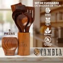 Utensilios de Cocina Madera - 9 pzas - Madera de Teca - Antiarañazos - Set de Espatulas y Cucharones de Cocina - Agarre Comodo para sartenes Antiadherentes - CAMBLA - 3