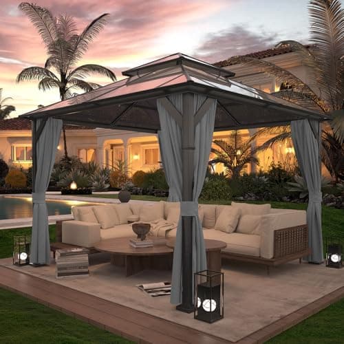 Amopatio Gartenpavillon 3x3 m Wasserdicht Stabil Winterfest, Pavillon mit Polycarbonat - Doppeldach, Hardtop Pavillon mit Seitenteile für Garten, Terrassen (Grau)