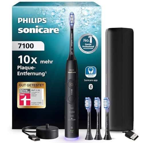 Philips Sonicare 7100 elektrische Zahnbürste, Schallzahnbürste mit App, 4 Putzmodi und 3 Intensitätsstufen, Andruckkontrolle, EasyStart, SmarTimer, Schwarz, Modell HX7421/08 [Neue Technologie]