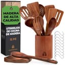 Utensilios de Cocina Madera 12 Pzs - Set de Espátulas y Cucharas de Madera, con Soporte, Reposacucharas y Ganchos. Antiarañazos. Accesorios Cocina con Agarre Cómodo para Sartenes Antiadherentes - 1