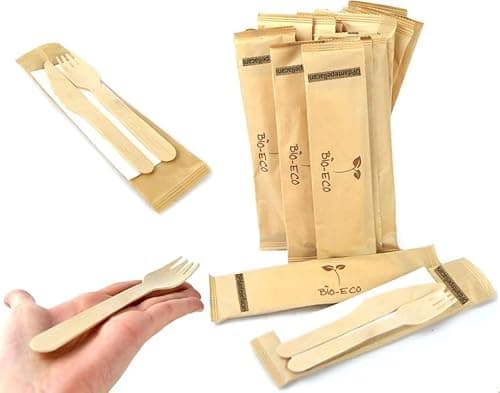 OFFERTA 300 Bis Posate usa e getta In legno Forchetta Coltello e Tovagliolo IMBUSTATI singolarmente, resistenti, sicuri anche per bambini, monouso totalmente biodegradabile