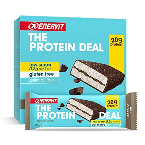 Enervit, The Protein Deal Coconut Party, Barrette Proteiche, Gusto Cocco e Cioccolato Fondente, 20g di Proteine, 0,2g di Zuccheri, Snack Goloso, Senza Glutine, 12 Barrette da 55g