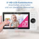 Vtech Smart Babyphone mit 2 Kameras, 1080p-FHD-Kamera und 5"-HD-IPS-Bildschirm, WLAN, Geräusch-/Bewegungserkennung, Temperatursensor, geteiltem Bildschirm, Schwenk-Neige-Zoom-Funktion: VM901-2W - 5