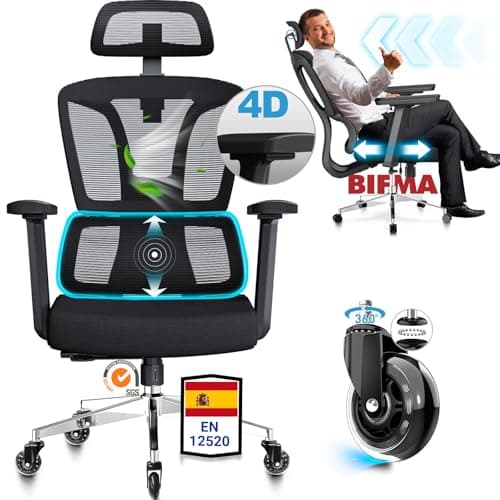 MELOKEA Silla de Oficina Ergonómica, Reposabrazos 4D, Profundidad de Asiento Ajustable, Ruedas de Goma, Inclinación de 4 Niveles, Cómodo para Personas Altas, Estudio & Despacho, Silla Escritorio 200KG