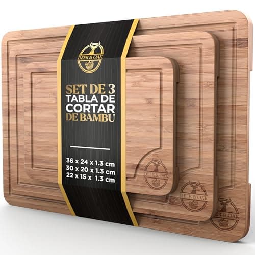 Deer & Oak Set de 3 tabla cortar cocina bambú con asas y ranuras, tabla de cortar madera pre-aceitada, tablas de cocina 33x24 28x20 22x15 cm, chopping board ecológica
