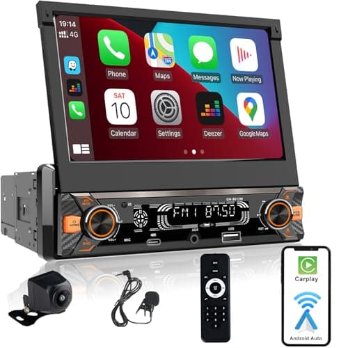 Alondy Radio Coche 1 Din pantalla táctil (7" Retráctil Automáticamente) compatible con [Wireless] Apple CarPlay/Android Auto Bluetooth Radio (FM/RDS) USB (Tipo-C carga rápida de 3A) Cámara de respaldo