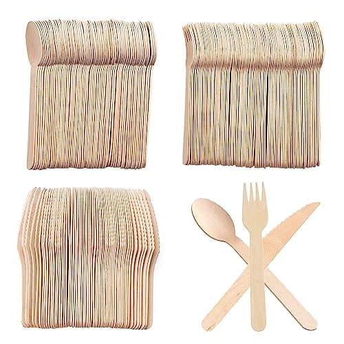 Posate Usa e Getta, 300pcs Legno Biodegradabili (100 Coltelli, 100 Forchette, 100 Cucchiai) per Feste, Campeggio, Matrimoni, Compleanni
