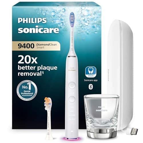 Philips Sonicare DiamondClean Smart 9400 Electric Toothbrush, Sonic Toothbrush with App, Pressure Sensor, Brush Head Detection, 4 Brushing Modes and 3 Intensity Levels, White, Model HX9917/88